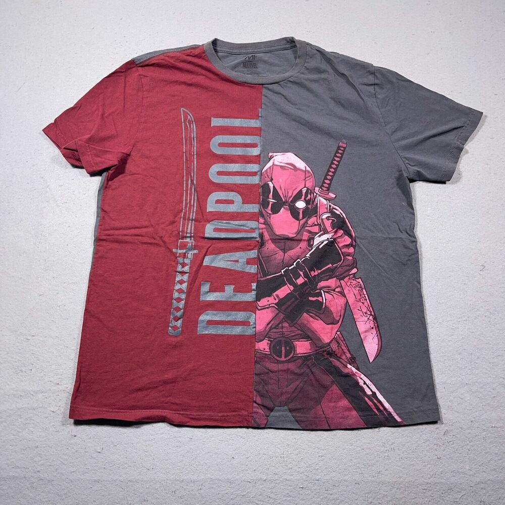Marvel Deadpool T Shirt Men 2XL Regular Red‎ Grey Split Panel Graphic Streetwear